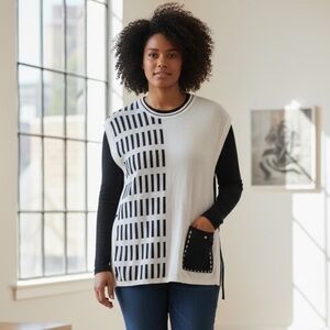 SPANNER Black and White Geometric Blouse - Office Wear - Size M
